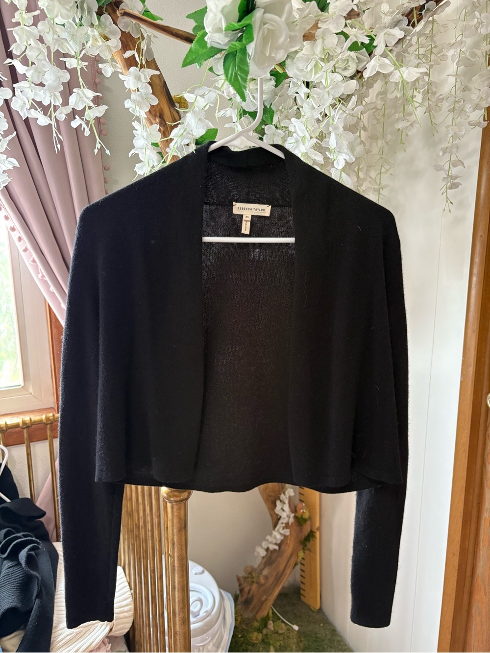 Rebecca Taylor Black Cropped Open-Front Cardigan 100% Cashmere
